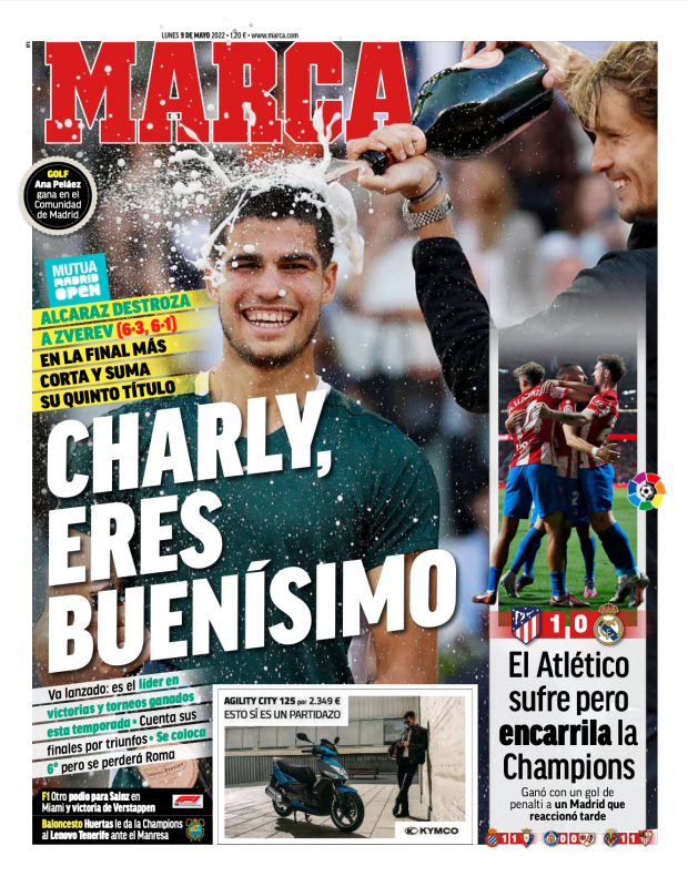 リーガ第35節アトレティコ戦翌日MARCA紙一面：El Atlético sufre pero encarrila la Champions（アトレティコは苦しむもCLへの正しい道を歩む）