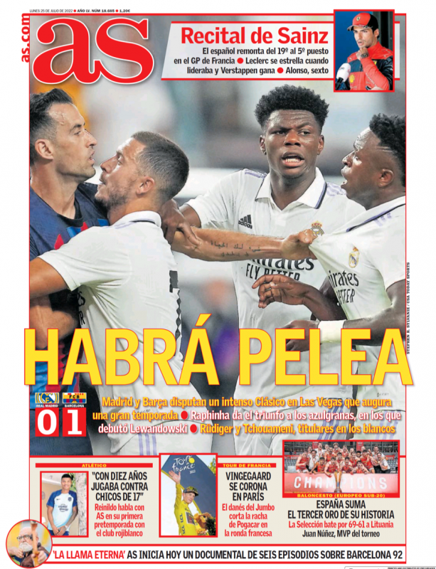 プレシーズンマッチ第1戦バルセロナ戦翌日AS紙一面：HABRÁ PELEA（戦いは今後も続く）