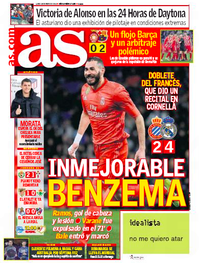 エスパニョール戦翌日AS： Inmejorable Benzema(これ以上ないベンゼマ)