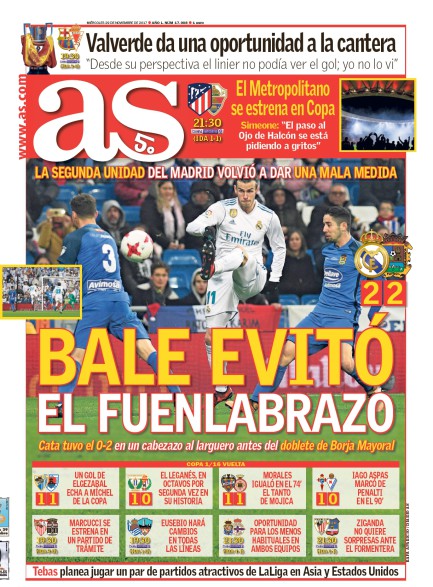 AS1面：Bale evitó Fuenlabrazo (ベイルのお陰でチームはフエンラブラーダの金星を逃れる)