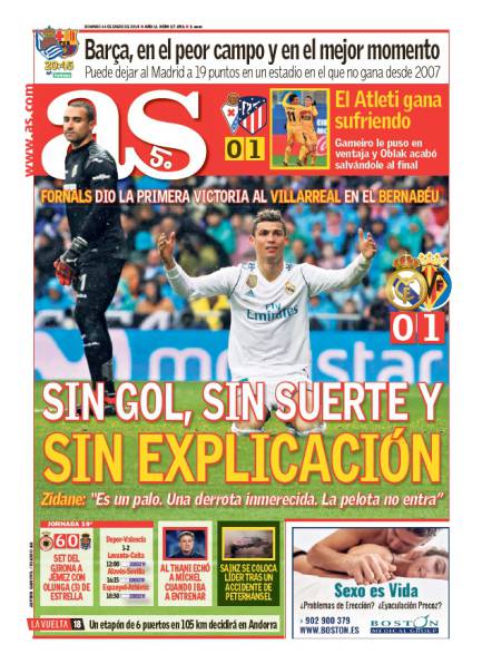 AS1面： Sin gol, sin suerte y sin explicación (得点ない、運ない、説明ない)