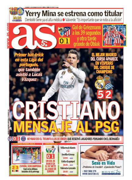 AS1面：Cristiano mensaje al PSG (クリスティアーノ、PSGにメッセージ)