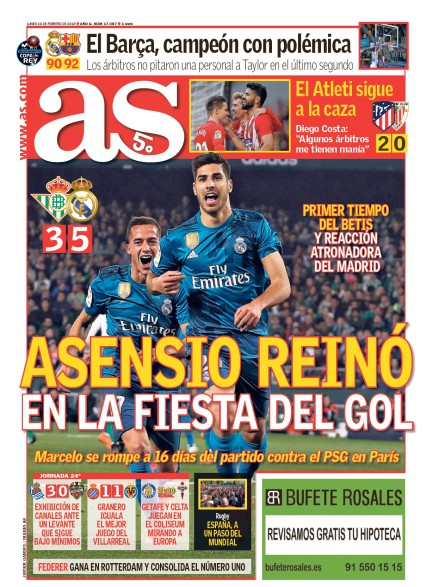 AS1面：Asensio reino en la fiesta del gol (ゴールのお祭りにアセンシオが君臨)