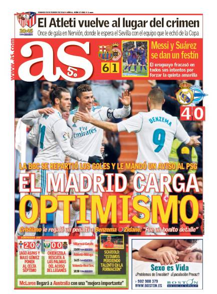 AS1面：El Madrid carga optimismo (マドリード、楽観視を充電)