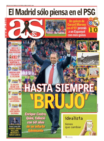 AS1面：Hasta siempre, Brujo(いつまでもブルホ)：El Madrid sólo piensa en el PSG(マドリードはただPSGだけを考えている)