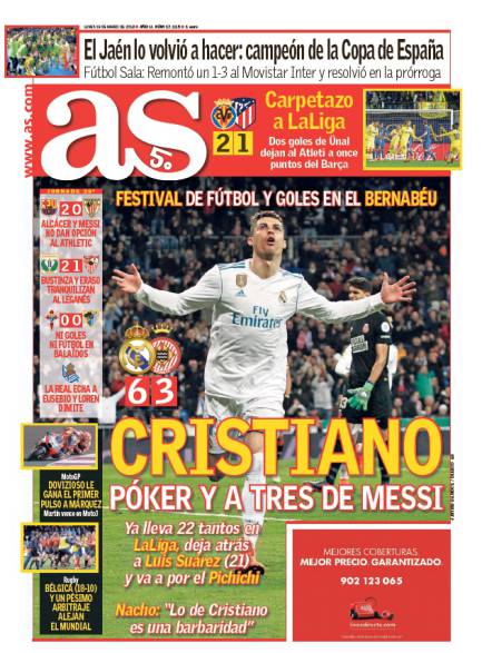 AS1面：Cristiano póker y a tres de Messi (クリスティアーノ、4得点でメッシに後3得点)
