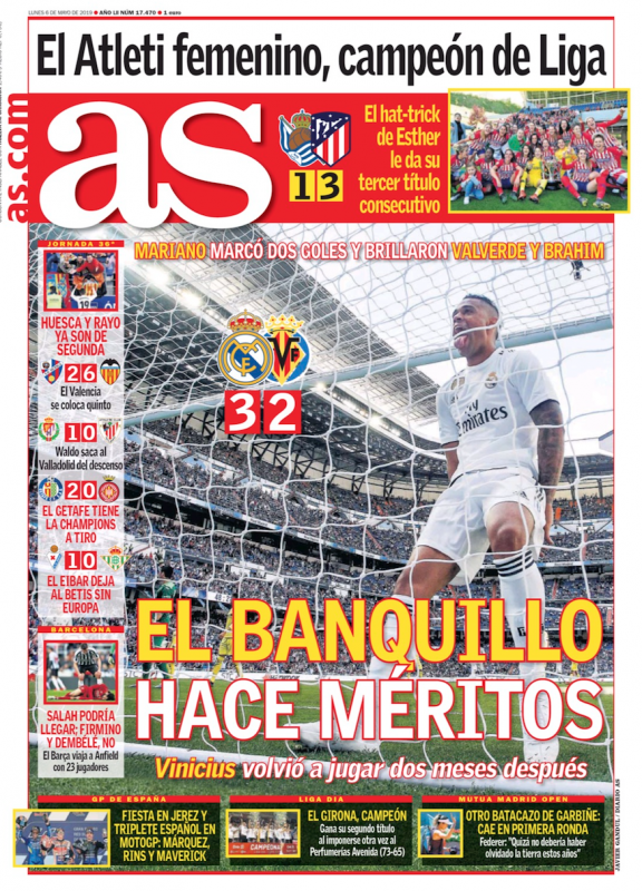 ビジャレアル戦翌日AS紙一面：El banquillo hace méritos（控え選手が手柄を立てる）