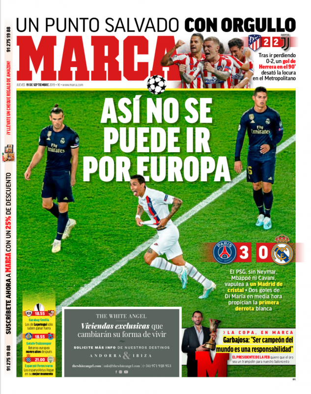CLグループリーグ第1節PSG戦翌日MARCA紙一面：ASÍ NO SE PUEDE IR POR EUROPA（そんなではヨーロッパを獲ることはできない）