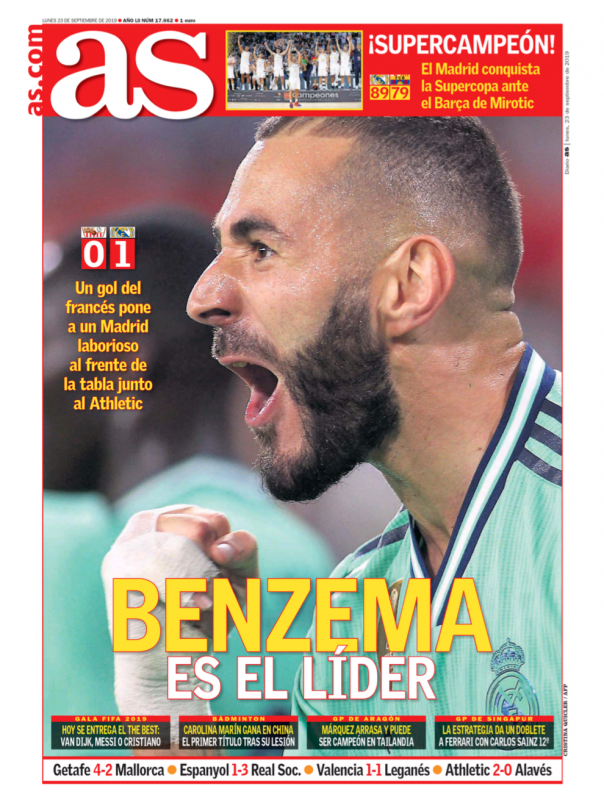 リーガ第5節セビージャ戦翌日AS紙一面：BENZEMA ES EL LÍDER（ベンゼマがリーダー）