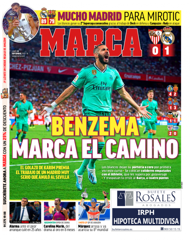 リーガ第5節セビージャ戦翌日MARCA紙一面：BENZEMA MARCA EL CAMINO（ベンゼマが道を示した）