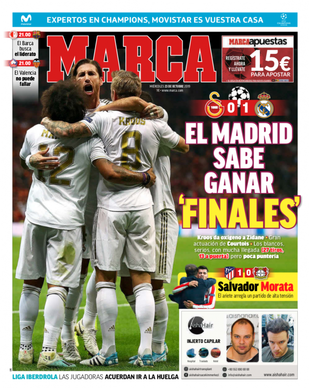 チャンピオンズリーグ・グループリーグ第3節ガラタサライ戦翌日MARCA紙一面：EL MADRID SABE GANAR “FINALES”（マドリーは“決勝戦”の勝ち方を知っている）