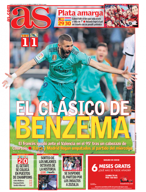 リーガ第17節バレンシア戦翌日AS紙一面：EL CLÁSICO DE BENZEMA（ベンゼマの定番）