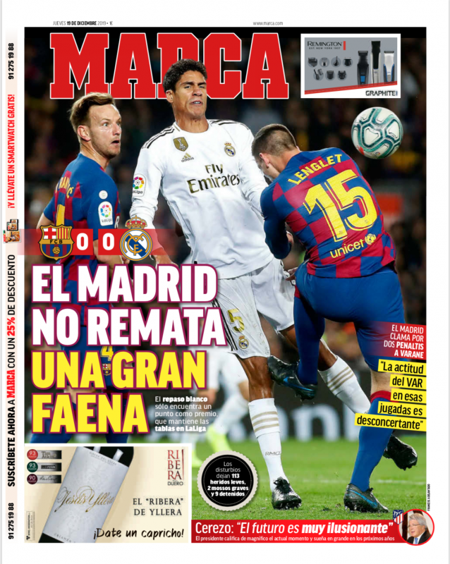 リーガ第10節バルセロナ戦延期分翌日MARCA紙一面：EL MADRID NO REMATA UNAGRAN FAENA（レアル・マドリード 素晴らしいパフォーマンスも試合を決められず）