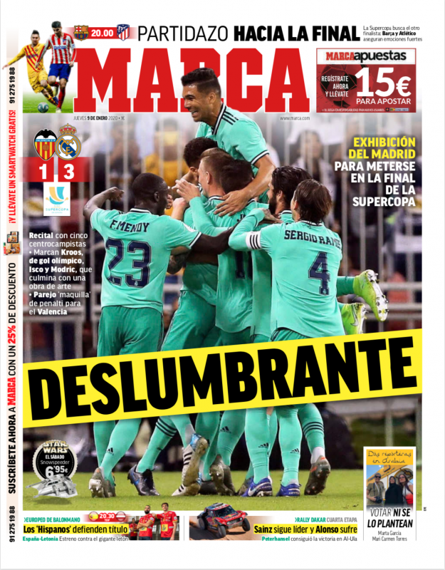 スーペルコパ準決勝バレンシア戦翌日MARCA紙一面：DESLUMBRANTE（眩い）