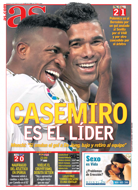 リーガ第20節セビージャ戦翌日AS紙一面：CASEMIRO ES EL LÍDER（カゼミーロはリーダーだ）