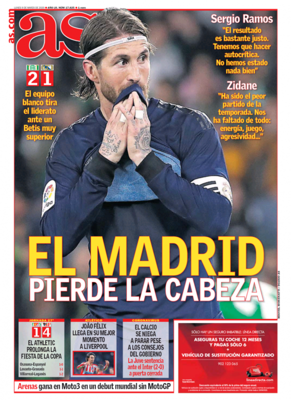 リーガ第27節ベティス戦翌日AS紙一面：EL MADRID PIERDE LA CABEZA（マドリー、首位の座を失う）