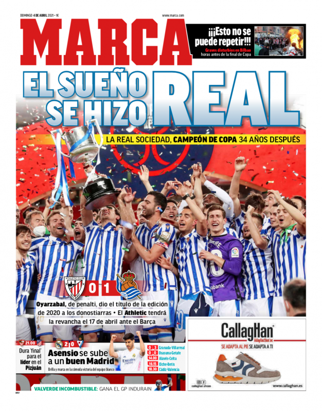 リーガ第29節エイバル戦翌日MARCA紙一面：Asensio se sube a un buen Madrid（アセンシオ、好調マドリーを上昇させる）