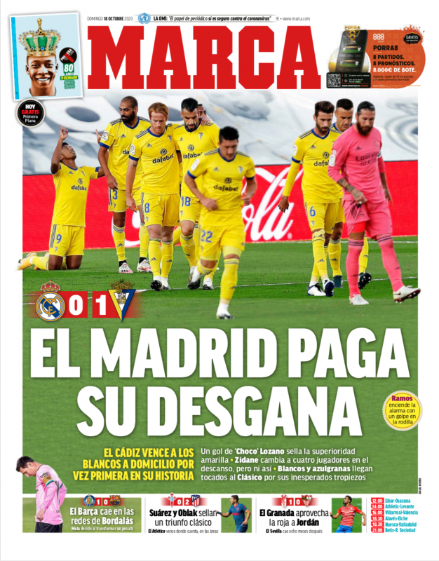 リーガ第6節カディス戦翌日MARCA紙一面：EL MADRID PAGA SU DESGANA（マドリーが意欲を欠いた代償払う）