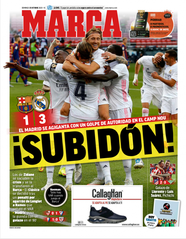 リーガ第7節バルセロナ戦翌日MARCA紙一面：¡SUBIDÓN!（急上昇！）
