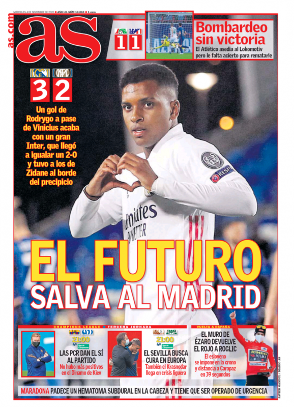 チャンピオンズリーグ・グループリーグ第3節インテル・ミラノ戦日AS紙一面：EL FUTURO SALVA AL MADRID（クラブの未来がマドリーを救う）