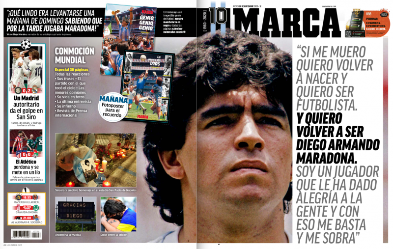 チャンピオンズリーグ・グループリーグ第4節インテル・ミラノ戦翌日MARCA紙一面：Un Madrid autoritario da el golpe en San Siro（権力を示したマドリーがサン・シーロで打撃を与えた）