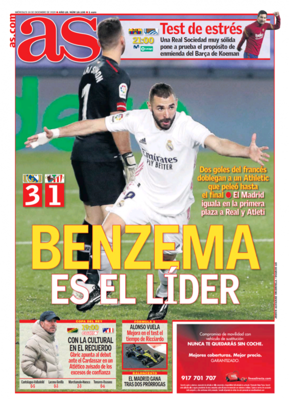 リーガ第19節アスレティック戦翌日AS紙一面：BENZEMA ES EL LÍDER（ベンゼマがリーダー）