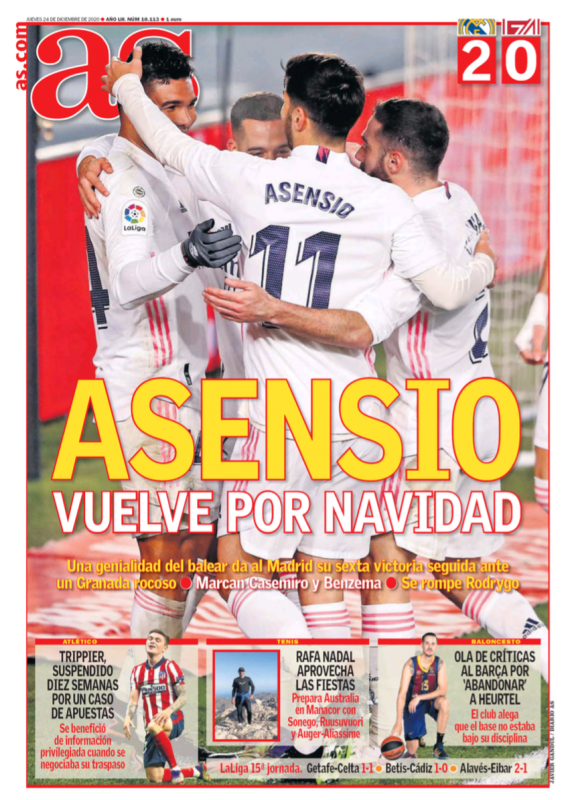 リーガ第15節グラナダ戦翌日AS紙一面：ASENSIO VUELVE POR NAVIDAD（アセンシオ、クリスマスのために帰ってくる）