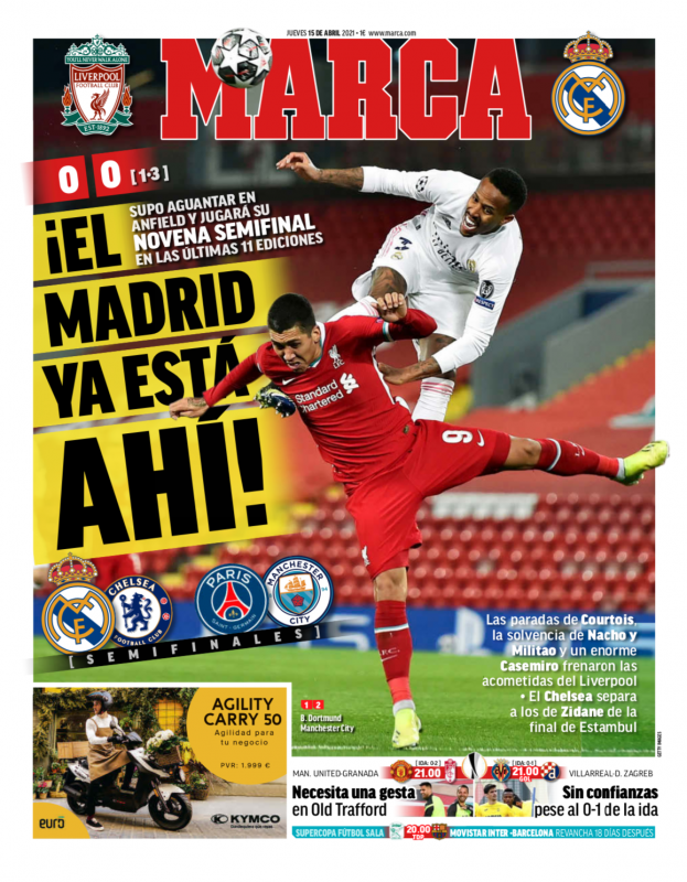 チャンピオンズリーグ準々決勝第2戦リバプール戦翌日MARCA紙一面：¡EL MADRID YA ESTÁ AHÍ!（マドリーがすでにそこにいる！）