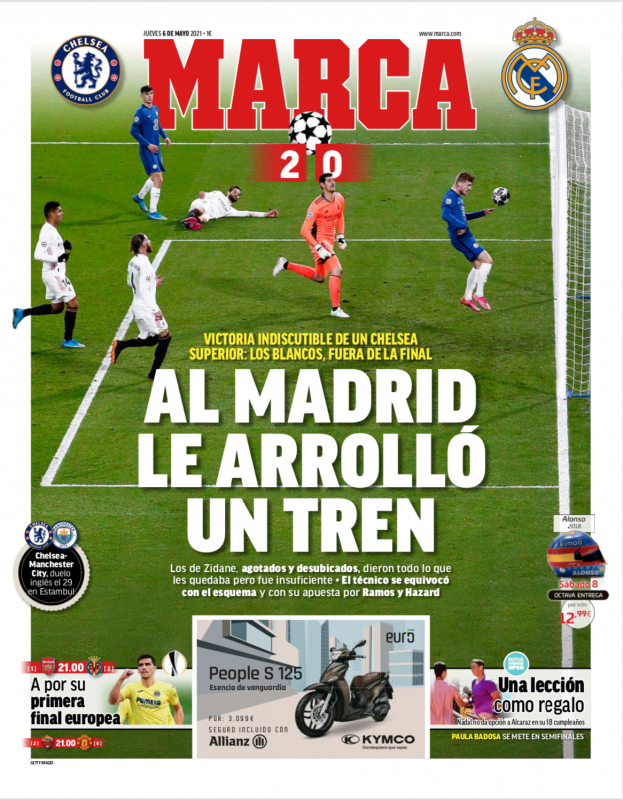 チャンピオンズリーグ準決勝第2戦チェルシー戦翌日MARCA紙一面：AL MADRID LE ARROLLÓ UN TREN（列車がマドリーを押し潰した）
