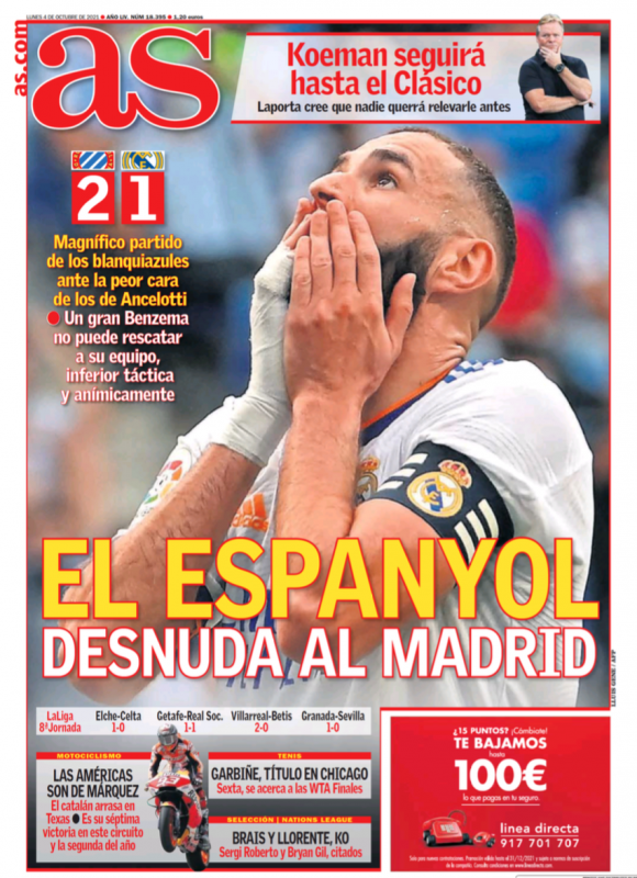 リーガ第8節エスパニョール戦翌日AS紙一面：EL ESPANYOL DESNUDA AL MADRID（エスパニョールがマドリーを丸裸に）