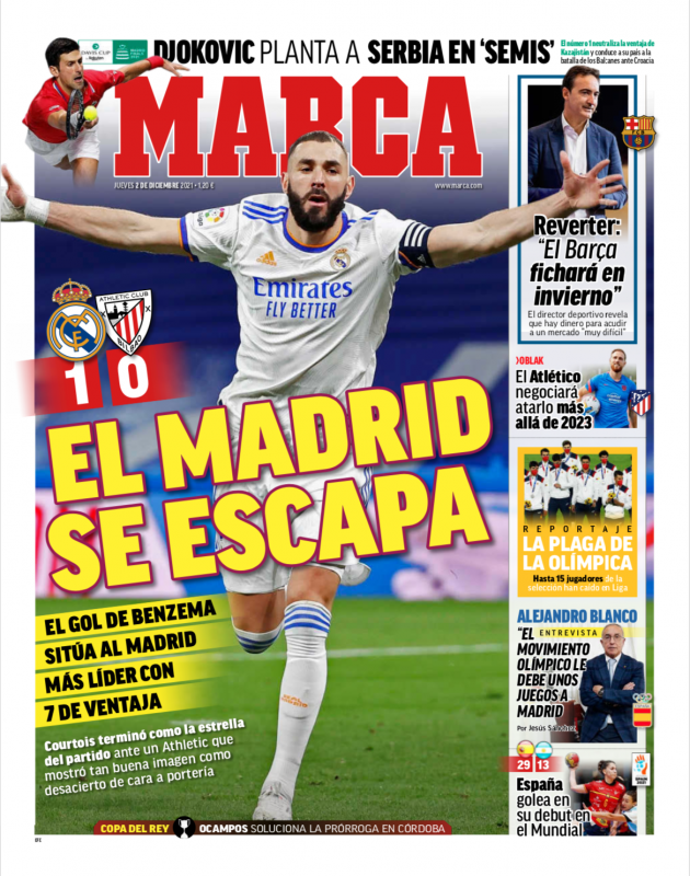 リーガ第9節アスレティック戦翌日MARCA紙一面：EL MADRID SE ESCAPA（逃げるマドリー）