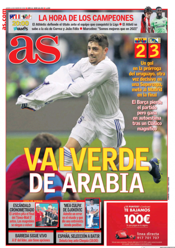 スーペルコパ準決勝バルセロナ戦翌日AS紙一面：VALVERDE DE ARABIA（アラビアのバルベルデ）
