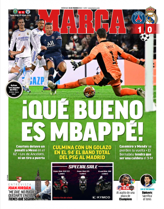 CLラウンド16第1戦PSG戦翌日MARCA紙一面：¡QUÉ BUENO ES MBAPPÉ!（エムバペはなんて素晴らしいんだ！）