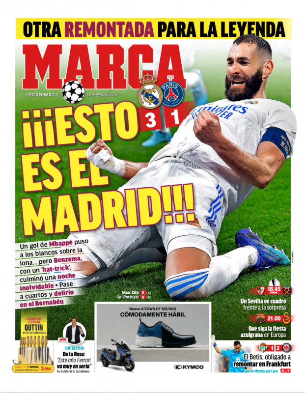 CLラウンド16第2戦PSG戦翌日MARCA紙一面：¡¡¡ESTO ES EL MADRID!!!（これがマドリーだ!!!）