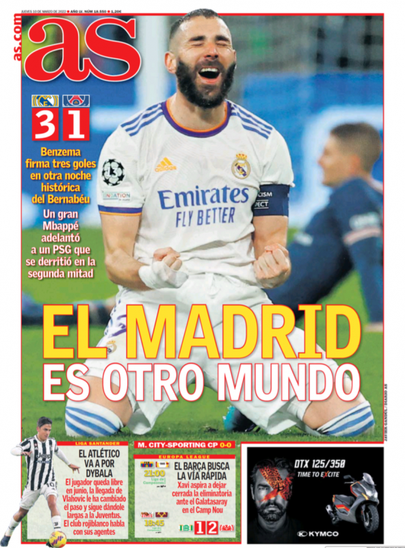 CLラウンド16第2戦PSG戦翌日AS紙一面：EL MADRID ES OTRO MUNDO（マドリーは別世界のチーム）