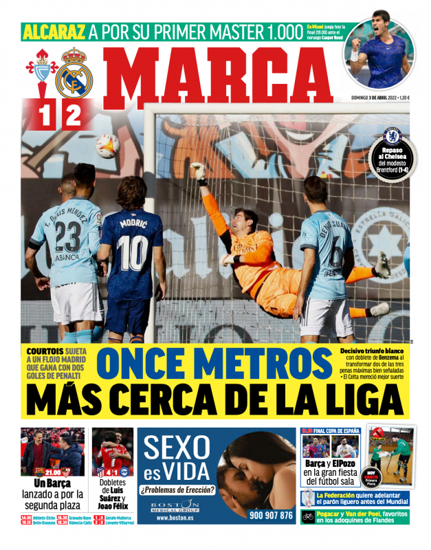 リーガ第30節セルタ戦翌日MARCA紙一面：ONCE METROS MÁS CERCA DE LA LIGA（リーガ優勝に11メートル近づく）