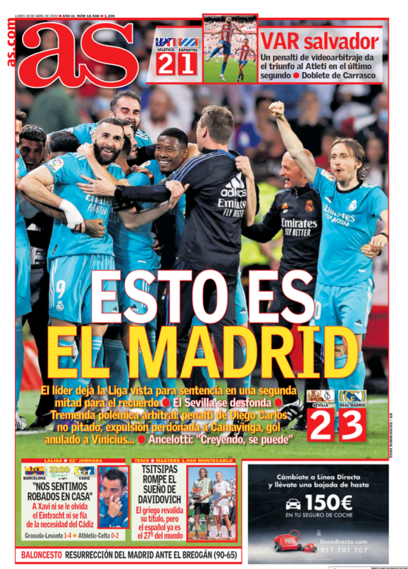 リーガ第32節セビージャ戦翌日AS紙一面：ESTO ES EL MADRID（これがマドリーだ）