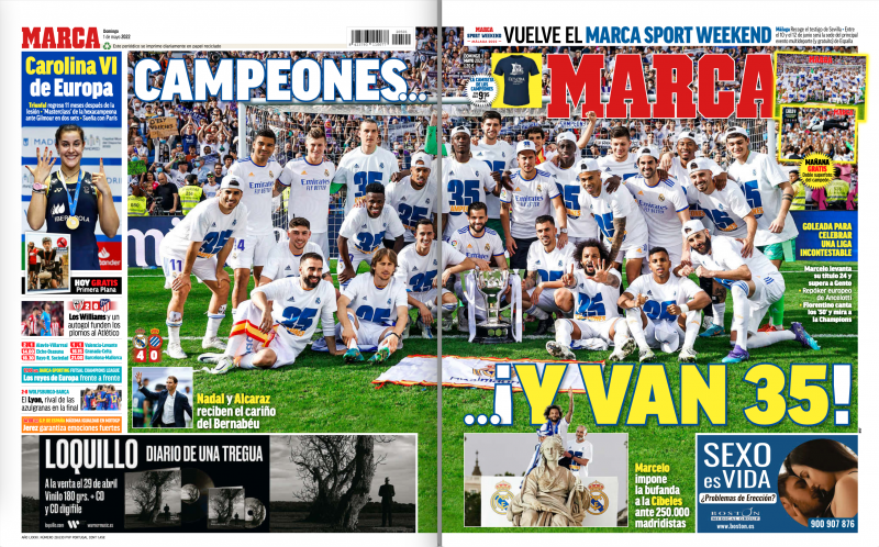 リーガ第34節エスパニョール戦翌日MARCA紙一面：CAMPEONES…¡Y VAN 35!（チャンピオン…そして優勝回数が35回に到達！）