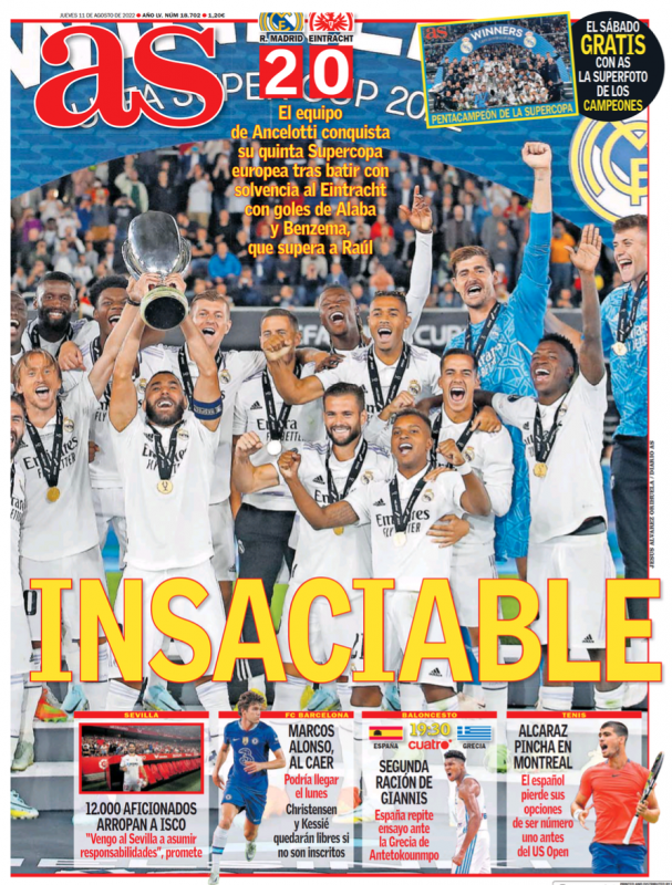 UEFAスーパーカップ・フランクフルト戦翌日AS紙一面：INSACIABLE（飽くことを知らず）
