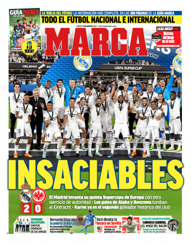 UEFAスーパーカップ・フランクフルト戦翌日MARCA紙一面：INSACIABLES（飽くことを知らぬ者たち）