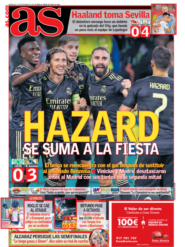 CLグループリーグ第1節セルティック戦翌日AS紙一面：HAZARD SE SUMA A LA FIESTA（アザールがパーティーに加わる）