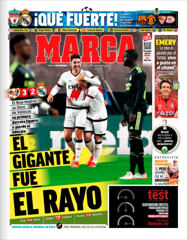 リーガ第13節ラージョ・バジェカーノ戦翌日MARCA紙一面：EL GIGANTE FUE EL RAYO（巨人はラージョだった）