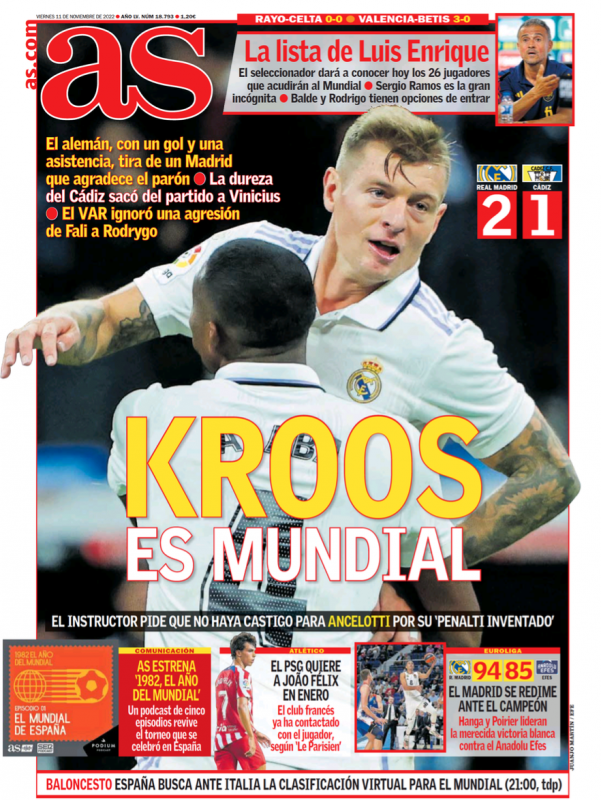 リーガ第14節カディス戦翌日AS紙一面：KROOS ES MUNDIAL（クロースはワールドクラスの選手）