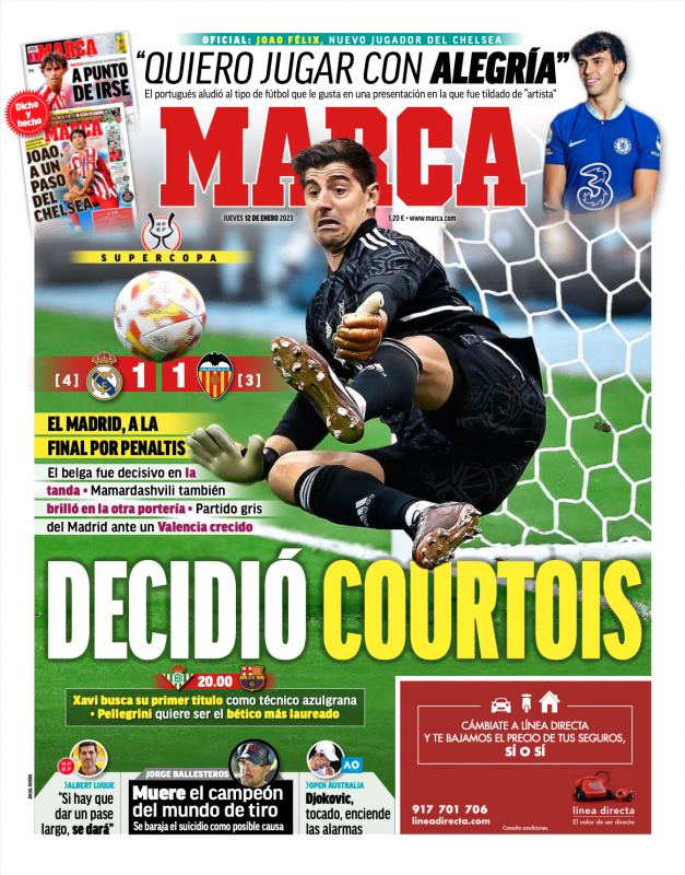 スーペルコパ準決勝バレンシア戦翌日MARCA紙一面：DECIDIÓ COURTOIS（決定的な役割果たすクルトゥワ）
