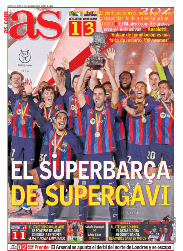 スーペルコパ決勝バルセロナ戦翌日AS紙一面：EL SUPERBARÇA DE SUPERGAVI（スーペルガビのスーペルバルサ）