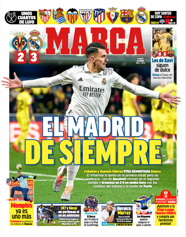 国王杯ラウンド16ビジャレアル戦翌日MARCA紙一面：EL MADRID DE SIEMPRE（いつも通りのマドリー）