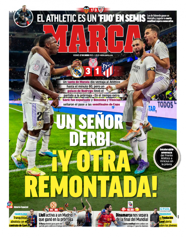 国王杯準々決勝アトレティコ戦翌日MARCA紙一面：UN SEÑOR DERBI ¡Y OTRA REMONTADA!（ミスターダービー そして新たな逆転勝利！）