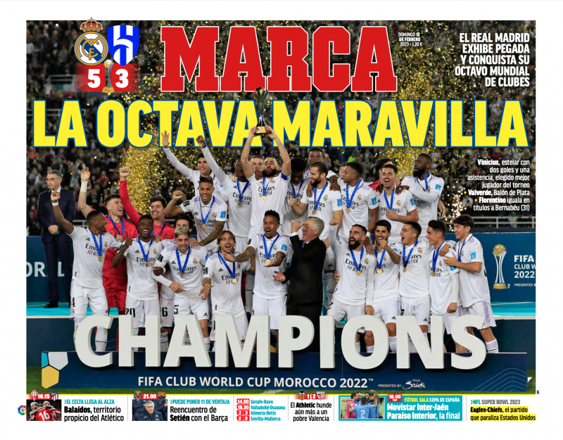 クラブワールドカップ決勝アル・ヒラル戦翌日MARCA紙一面：LA OCTAVA MARAVILLA（素晴らしい8回目の世界制覇）