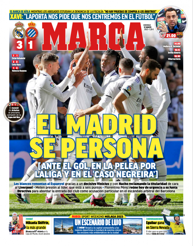 リーガ第25節エスパニョール戦翌日MARCA紙一面：EL MADRID SE PERSONA（マドリーが姿を現す）