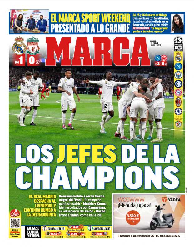 CLラウンド16第2戦リバプール戦翌日MARCA紙一面：LOS JEFES DE LA CHAMPIONS（チャンピオンズリーグのボスたち）